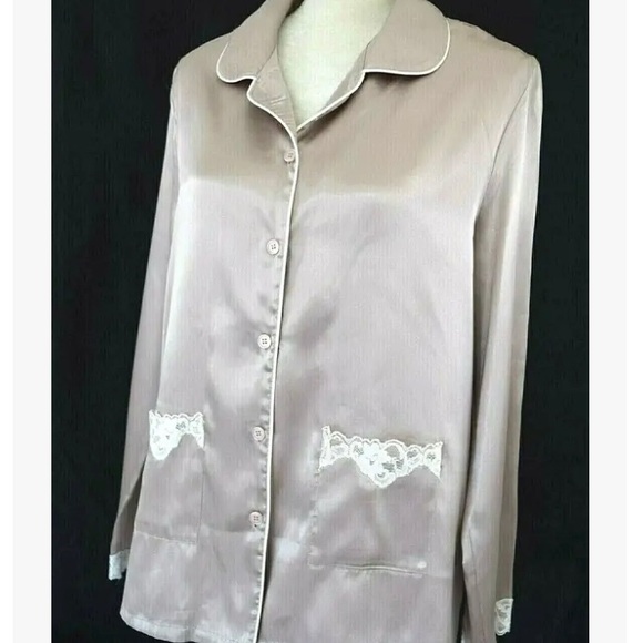 Gilligan & Omalley Womens Pajama Top Sand color Satin Sleepwear Lace acc… - Picture 1 of 7